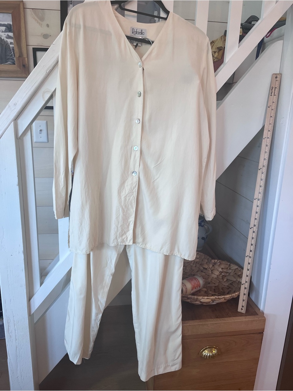 Rafaella 100# Silk Cream Button-Up Top and Drawstring Pant Set